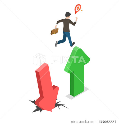 3D Isometric Flat  Illustration of Challenge Overcoming, Confident Investor Jumps From Red Arrow To Green For Growth Opportunity 135062221