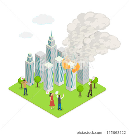 3D Isometric Flat Illustration of Condo in Fire, Tower Of Apartment Building Engulfed In Flames 3D Isometric Flat Illustration of Condo in Fire, Tower Of Apartment Building Engulfed In Flames 135062222