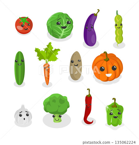 3D Isometric Flat  Illustration of Vegetables, Collection Of Comical Cartoon Characters 135062224