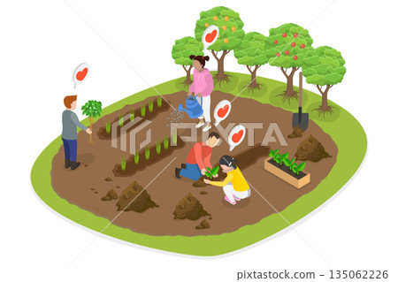 3D Isometric Flat Illustration of Kids In Garden, Children Planting Seedlings Together 3D Isometric Flat Illustration of Kids In Garden, Children Planting Seedlings Together 135062226
