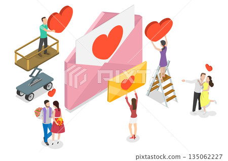 3D Isometric Flat Illustration of Love Message, Individuals Convey Love Through A Red Heart Symbol 3D Isometric Flat Illustration of Love Message, Individuals Convey Love Through A Red Heart Symbol 135062227