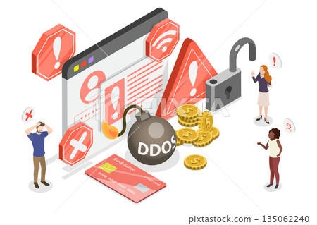 3D Isometric Flat  Illustration of Online Fraud, Cybercrime Risks, Personal Data Theft, Phishing, Malware, DDOS Attacks 135062240
