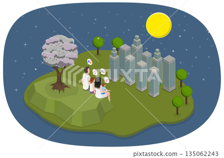 3D Isometric Flat  Illustration of Happy Moon Festival, Parents And Kids Admire Full Moon 135062243