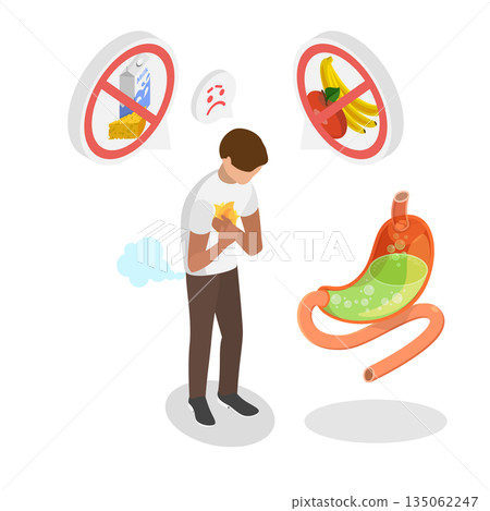3D Isometric Flat  Illustration of Food Intolerance, Individual Suffering Due To Immune Response To Specific Food Protein 135062247
