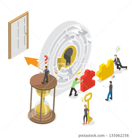 3D Isometric Flat  Illustration of Escape Room, The Exciting Challenge for Friends and Family 135062256