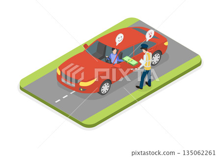 3D Isometric Flat  Illustration of Bribery, Motorist Attempting To Illegally Influence Law Enforcement Officer 135062261