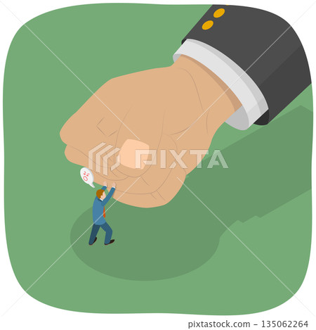 3D Isometric Flat  Illustration of Big Fist, Small Man Challenges Giant Corporation With Innovative Business Idea 135062264