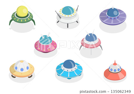 3D Isometric Flat  Set of Spaceships, UFOs With Light Rays In Night City Sky 135062349