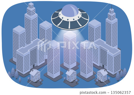 3D Isometric Flat  Illustration of UFO, Alien Spaceship With Light Beams In City Night Sky 135062357