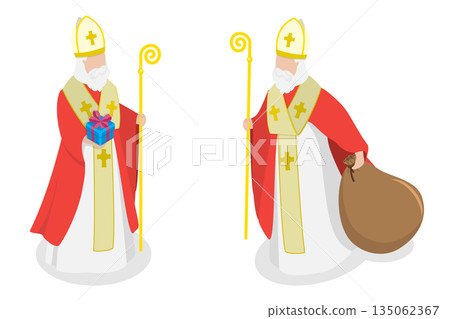 3D Isometric Flat Illustration of Saint Nicholas, Celebrating The Joyful St Nicholas Day With Traditional Festivities And Gift-Giving. 3D Isometric Flat Illustration of Saint Nicholas, Celebrating The Joyful St Nicholas Day With Traditional Festivities And Gift-Giving. 135062367