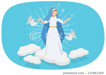 3D Isometric Flat Illustration of Virgin Mary, Assumption Of Mary With Feast And Doves In Heaven 3D Isometric Flat Illustration of Virgin Mary, Assumption Of Mary With Feast And Doves In Heaven 135062369