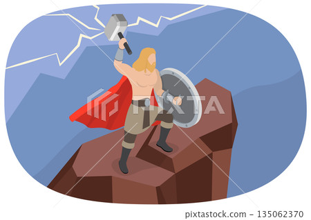 3D Isometric Flat  Illustration of Thor, Norse God Of Thunder And Lightning 135062370
