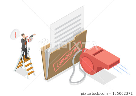 3D Isometric Flat  Illustration of Whistleblowing, Revealing Confidential Documents 135062371