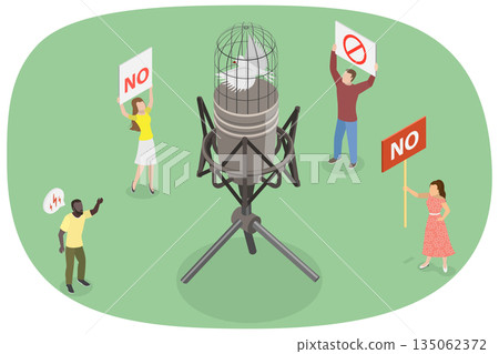 3D Isometric Flat  Illustration of Censorship, Bird Trapped In Microphone Symbolizes Limits To Freedom Of Speech 135062372