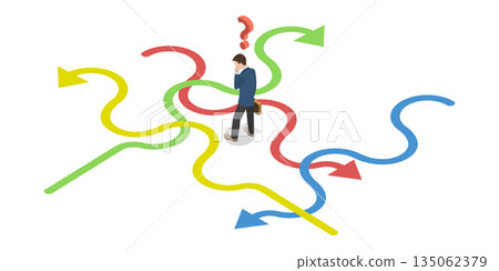 3D Isometric Flat Illustration of Hard Decision, Businesswomans Dilemma In Choosing The Right Direction 3D Isometric Flat Illustration of Hard Decision, Businesswomans Dilemma In Choosing The Right Direction 135062379
