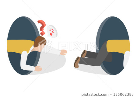 3D Isometric Flat  Illustration of Self-Observation, Man Kneels And Sees Himself Reflected In A Hole 135062393