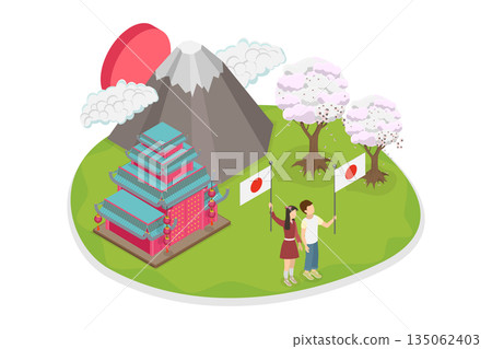 3D Isometric Flat  Illustration of National Japanese Day, Celebration With Friends Holding Flag And Mount Fuji In Background 135062403