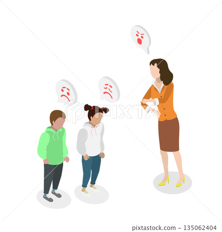 3D Isometric Flat  Illustration of Child Scolding, Mother Harshly Reprimands Scared Children 135062404