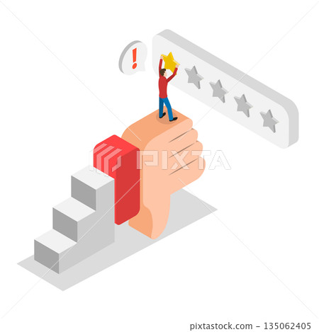 3D Isometric Flat  Illustration of Bad User Rating, Negative Feedback Leads To Low Ratings From Dissatisfied Customers. 135062405