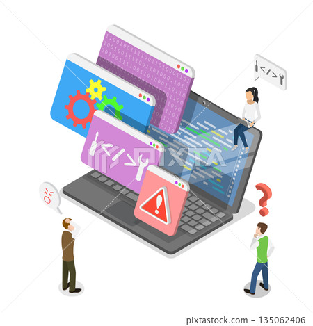 3D Isometric Flat Illustration of Code Error, Process Of Bug Testing With Error Detection 3D Isometric Flat Illustration of Code Error, Process Of Bug Testing With Error Detection 135062406