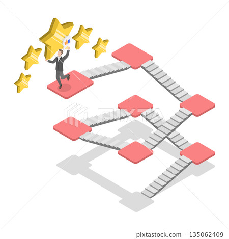 3D Isometric Flat  Illustration of Reaching Goal , Entrepreneur Ascends Stairs, Grasps Largest Star 135062409
