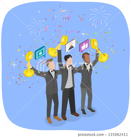 3D Isometric Flat Illustration of Nomination Ceremony, Actors With Star Trophies 3D Isometric Flat Illustration of Nomination Ceremony, Actors With Star Trophies 135062411