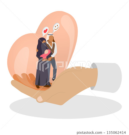 3D Isometric Flat  Illustration of Family Healthcare, Arabian Family Joyfully Poses On DoctorS Hand 135062414