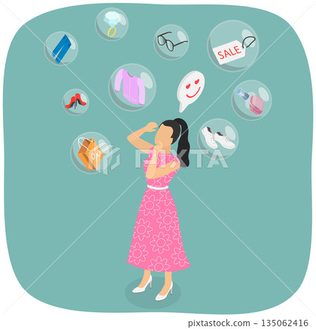 3D Isometric Flat Illustration of Shopaholic, Compulsive Female Shopper Purchasing Trendy Fast Fashion Items 3D Isometric Flat Illustration of Shopaholic, Compulsive Female Shopper Purchasing Trendy Fast Fashion Items 135062416