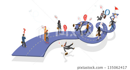 3D Isometric Flat  Illustration of Road To Success, Chasing Success, Navigating The Competitive Business Landscape For Career Growth 135062417