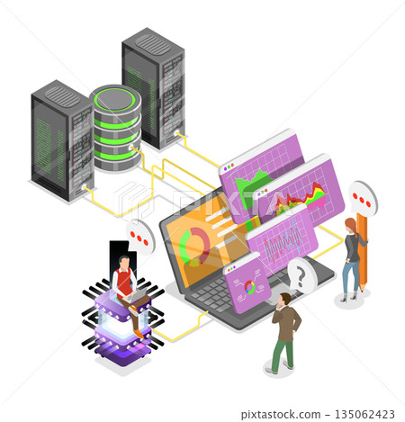3D Isometric Flat  Illustration of Data Analysis, Virtual Database And Datacenter Utilized 135062423