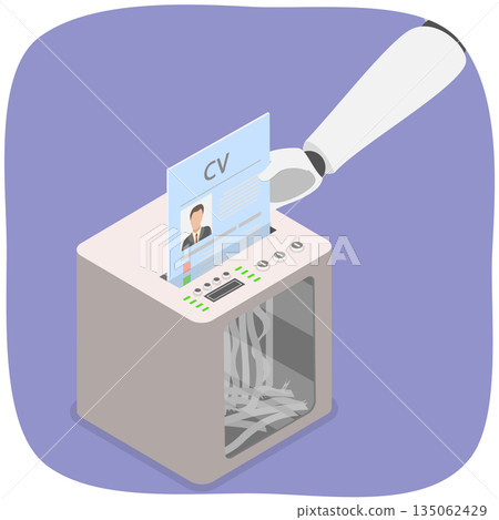 3D Isometric Flat  Illustration of AI HR, Robot Hand Using Paper Shredder To Destroy Job Application 135062429