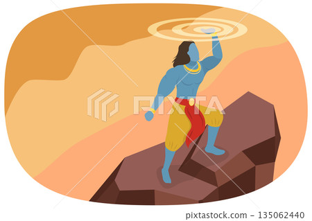 3D Isometric Flat  Illustration of Vishnu, Hindu God Lord Krishna Holding Sudarshan Chakra In Indian Mythology 135062440