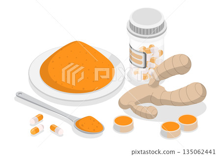 3D Isometric Flat Illustration of Curcumin, Supplements And Turmeric Herb Powder Or Pills 3D Isometric Flat Illustration of Curcumin, Supplements And Turmeric Herb Powder Or Pills 135062441