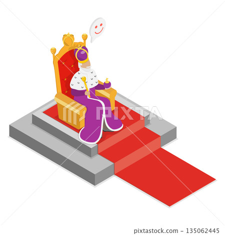 3D Isometric Flat  Illustration of King On Throne, Joyful Monarch Man 135062445