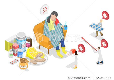 3D Isometric Flat Illustration of Influenza, Young Girl With Quinsy Or Other Viral Cold Symptoms 3D Isometric Flat Illustration of Influenza, Young Girl With Quinsy Or Other Viral Cold Symptoms 135062447