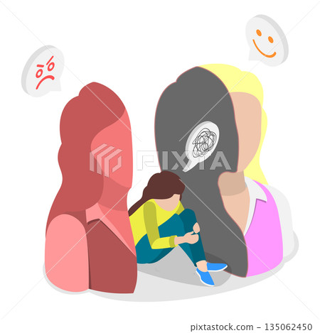 3D Isometric Flat  Illustration of Bipolar Disorder, Imposter Syndrome, Masks With Expressions 135062450