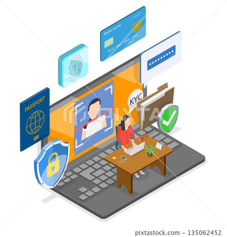 3D Isometric Flat Illustration of Know Your Client, Business Identification And Financial Safety Through KYC Compliance 3D Isometric Flat Illustration of Know Your Client, Business Identification And Financial Safety Through KYC Compliance 135062452