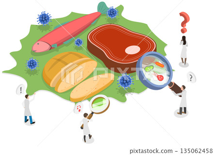 3D Isometric Flat  Illustration of Damaged Food, Magnifying Glass Revealing Bacteria On Food 135062458