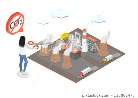 3D Isometric Flat Illustration of CO2 Reduction, Businesswoman Reduces Air Pollution, And Ecological Issues With Scissors 3D Isometric Flat Illustration of CO2 Reduction, Businesswoman Reduces Air Pollution, And Ecological Issues With Scissors 135062473