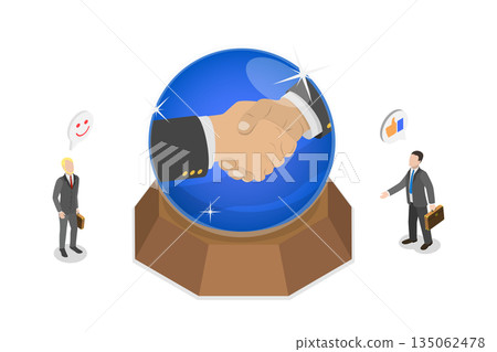 3D Isometric Flat  Illustration of Success Prediction, Future Handshake Businessmen Using Crystal Magic Ball 135062478