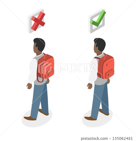 3D Isometric Flat Illustration of Wearing Of Backpack, Impact Of Proper And Improper Backpack Usage On Student Spine And Posture 3D Isometric Flat Illustration of Wearing Of Backpack, Impact Of Proper And Improper Backpack Usage On Student Spine And Posture 135062481