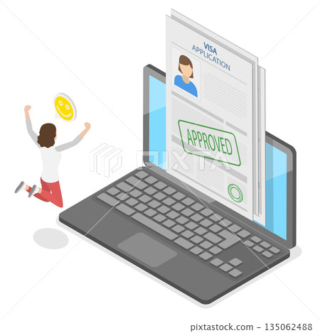 3D Isometric Flat  Illustration of Online Visa Approved, Digital Nomads Approval 135062488