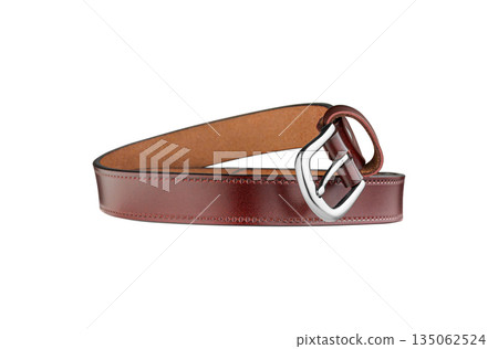 Burgundy Leather Belt with Silver Buckle on White Background Burgundy Leather Belt with Silver Buckle on White Background 135062524