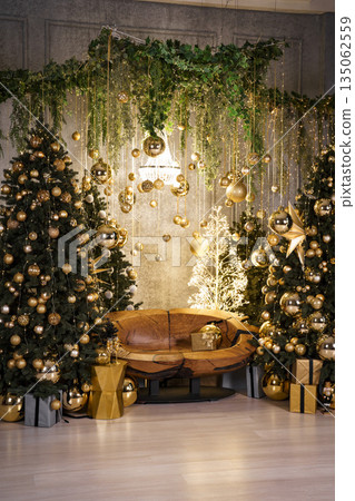 Cozy Christmas Atmosphere with Warm Lights and Festive Holiday Decor 135062559