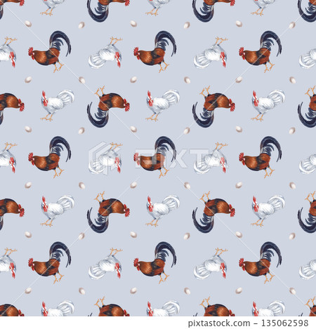 Seamless pattern with cocks and eggs on a grey background. Watercolor background with white and brown roosters in natural colors. A realistic template for the design of farm products and agriculture. 135062598