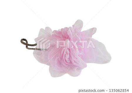 Pink synthetic puff sponge with a rope loop for hanging. Pink synthetic puff sponge with a rope loop for hanging. 135062854