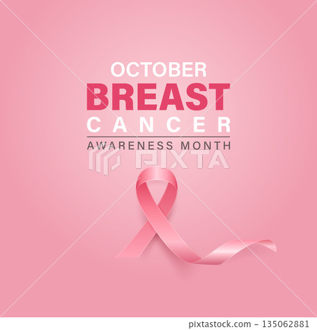Breast Cancer Awareness Square Poster, Vector Illustration. October Pink Ribbon Illustration. Breast Cancer Awareness Month Banner with Silk Realistic Pink Ribbon. Health Campaign Background 135062881