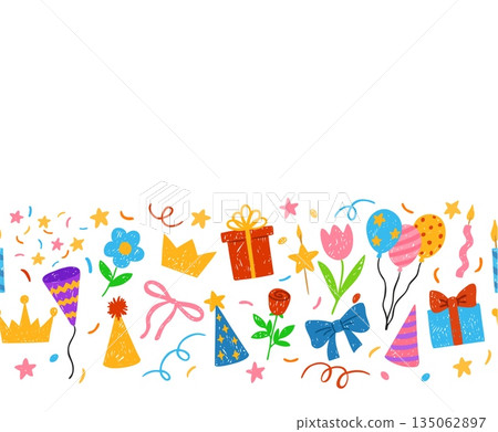 Birthday party festive vector crayon sketch seamless border design, gift box, flowers, firecracker, balloons candle Birthday party festive vector crayon sketch seamless border design, gift box, flowers, firecracker, balloons candle 135062897
