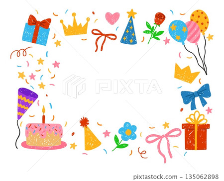Birthday party festive frame design, gift box, crown, flowers, firecrackers, balloons and cake vector crayon sketch Birthday party festive frame design, gift box, crown, flowers, firecrackers, balloons and cake vector crayon sketch 135062898