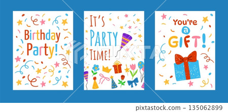 A set of brightly colored birthday cards, hand-drawn in pencil or chalk. 135062899